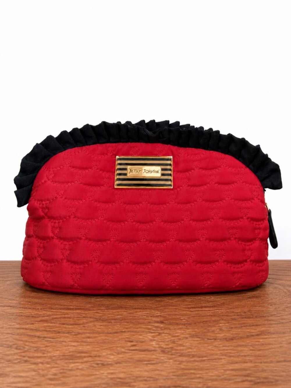 Betsey Johnson Red Quilted Heart Ruffle Trim Makeup Cosmetic Bag Zip Pouch